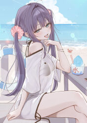  1girl aqua_eyes beach bikini bikini_under_clothes black_bikini blue_sky blunt_bangs blush bracelet clouds commentary_request cup day disposable_cup disposable_ice_cream_cup food hair_ornament hair_scrunchie highres horizon jewelry long_hair looking_at_viewer ocean open_mouth original outdoors oversized_clothes oversized_shirt purple_hair sand scrunchie see-through_clothes see-through_shirt shaved_ice shirt shore side-tie_bikini_bottom sitting sky smile solo swimsuit tongue tongue_out twintails uiri-na very_long_hair water white_shirt 
