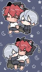  2boys animal_ear_fluff animal_ear_piercing animal_ears black_hair black_pants black_shirt blue_background blue_shorts blush chibi chibi_only closed_eyes commentary_request crossed_bangs dog_boy dog_ears dog_tail full_body gogogalar grey_hair komano_manato male_focus multicolored_hair multiple_boys no_mouth outline pants red_hair scar scar_on_arm scar_on_face scar_on_stomach shirt short_hair shorts star_(symbol) star_print t-shirt tail white_outline white_shirt wise_(zenless_zone_zero) zenless_zone_zero 