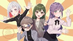 4girls black-framed_eyewear black_sweater braid brown_eyes brown_hair coat colored_inner_hair commentary_request crown_braid frilled_shirt frills fujishima_megumi fujishima_megumi_(post-graduation) green_eyes green_hair grey_coat grey_jacket grey_suit grey_sweater hair_ornament hairclip hasu_no_daisankaku heart heart_necklace holding holding_removed_eyewear jacket jewelry kyaku_tasu leaning_forward link!_like!_love_live! long_hair looking_at_viewer love_live! multicolored_hair multiple_girls necklace ogami_sachi ogami_sachi_(post-graduation) open_clothes open_coat open_hands open_jacket orange_background otomune_kozue otomune_kozue_(post-graduation) outstretched_arms parallel_hairclips pink_eyes pink_shirt plaid_clothes plaid_coat ponytail purple_hair red_hair red_streaks shirt sidelocks spread_arms streaked_hair suit suit_jacket sunburst sunburst_background sunglasses sweater turtleneck turtleneck_sweater unworn_eyewear v violet_eyes virtual_youtuber watermark white_hair yugiri_tsuzuri yugiri_tsuzuri_(post-graduation) 