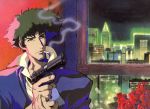  city cityscape cowboy_bebop flower gun handgun highres imi_jericho official_art pistol scan smoke smoking spike_spiegel trigger_discipline weapon window 