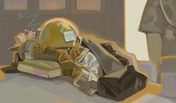  1boy 1other arm_pillow arms_on_table black_coat black_gloves book clothes_blanket coat commentary covering_with_blanket cup disposable_cup emoticon english_commentary english_text ferrofluid fishbowl_helmet gloves head_on_arm highres indoors jumpsuit kaomoji object_head reverse:1999 sleeping sleeping_on_desk solo_focus sticky_note ufu_fluffy ulrich_(reverse:1999) white_jumpsuit zzz 