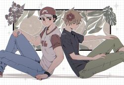  2boys back-to-back baseball_cap black_hair blue_oak blue_pants brown_eyes brown_hair capri_pants closed_mouth collared_shirt commentary_request crew_neck denim flower from_side frown green_pants grid_background hair_flower hair_ornament hand_on_own_knee hat hibiscus highres jeans leaf looking_back looking_to_the_side male_focus multiple_boys pants parted_bangs pk_rgr96 plant pokemon pokemon_sm print_shirt red_(pokemon) red_flower red_hat shirt short_hair short_sleeves sideburns sideways_glance sitting smile sparkle t-shirt twitter_username wing_collar wristband 