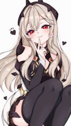  1girl :3 armpit_crease bare_shoulders black_dress black_hairband black_thighhighs blonde_hair blush cleavage_cutout closed_mouth clothing_cutout commentary detached_sleeves dress fake_horns feet_out_of_frame fortnite gold_trim hair_between_eyes hair_intakes hairband heart highres horn_hairband horns kurerin lexa_(fortnite) long_hair looking_at_viewer princess_lexa red_eyes simple_background smile solo squatting thigh-highs v white_background 