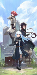  3girls a-er_(akkij0358) absurdres ange_katrina ankle_boots belt belt_pouch beret black_boots black_coat black_hat blue_eyes boots breasts broken_pillar broken_wall brown_belt brown_boots brown_hair clouds cloudy_sky coat commentary_request day dress falling_petals flat_chest floating_hair flower frilled_dress frills from_side gem grass grey_boots grey_coat grey_socks group_picture hair_intakes hair_ornament hand_in_own_hair hat hat_flower heterochromia highres holding holding_gem hood hooded_coat inui_toko layered_sleeves lize_helesta long_hair long_sleeves looking_afar looking_ahead looking_at_viewer looking_back low_twintails medium_dress multiple_girls nijisanji official_alternate_costume on_stairs outdoors page_of_lambda parted_lips partial_commentary petals pouch red_eyes red_hair red_scrunchie revision ruins sanbaka_(nijisanji) scrunchie short_hair sidelocks sky small_breasts socks stairs standing stone_stairs straight-on suitcase triangle_hair_ornament twintails underbust very_long_hair violet_eyes virtual_youtuber white_dress white_hair yellow_eyes 
