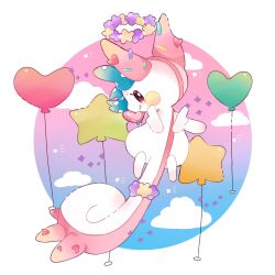  alternate_color animal_focus balloon clouds commentary_request floating flower heart highres licking_lips looking_back momoniku100 no_humans pachirisu pink_eyes pokemon pokemon_(creature) pokemon_focus shiny_pokemon smile squirrel star_(symbol) tongue tongue_out 
