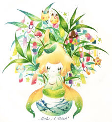  black_eyes chimecho closed_mouth colored_pencil_(medium) commentary_request english_text full_body highres jirachi painting_(medium) pikachu poke_ball poke_ball_(basic) pokemon pokemon_(creature) smile staryu tanabata tanzaku traditional_media watercolor_(medium) yukichi_0611 