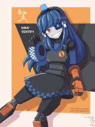  1girl arm_cannon artist_name black_dress blue_eyes blue_hair borrowed_character character_name checkered_trim commentary crosshair_pupils dated digiral dress english_commentary english_text fangs feet_out_of_frame fewer_digits grin heterochromia highres joints long_hair looking_at_viewer mimi-sentry_(flyingpiggles) official_alternate_color original personification robot robot_girl robot_joints sharp_teeth simple_background smile solo team_fortress_2 teeth variant_set weapon wrench yellow_eyes 