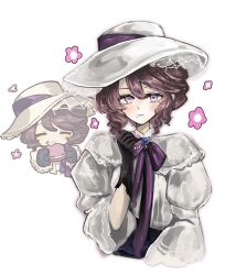  1girl black_gloves blue_gem bow bowtie brown_hair chibi chibi_inset chksangyo commentary cropped_torso felicienne_(reverse:1999) flower food food_on_face gem gloves hand_up hat highres holding holding_food jewelry looking_at_viewer macaron necklace purple_bow purple_bowtie reference_inset reverse:1999 shirt short_hair solo symbol-only_commentary upper_body violet_eyes wavy_mouth white_background white_hat white_shirt 