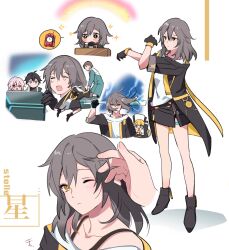  2boys 3girls ahoge armor arms_up baseball_bat black_boots black_coat black_eyes black_gloves black_hair black_jacket black_shirt black_skirt blonde_hair blue_eyes blue_robe blush boots brown_eyes brown_hair chain character_name chinese_clothes closed_eyes closed_mouth coat collarbone commentary_request covered_mouth crossed_arms crying dan_heng_(honkai:_star_rail) dan_heng_(hunt)_(honkai:_star_rail) dynamite electricity explosive faceless faceless_male floating_hair full_body fur-trimmed_coat fur_trim gloves gold_chain grey_hair hair_between_eyes half-closed_eyes hands_up hat high_heel_boots high_heels highres holding holding_baseball_bat honkai:_star_rail honkai_(series) hook_(honkai:_star_rail) jacket kotone_ranmaru long_hair long_sleeves looking_at_another looking_at_viewer looking_to_the_side low_twintails march_7th_(honkai:_star_rail) march_7th_(preservation)_(honkai:_star_rail) miniskirt multiple_boys multiple_girls multiple_views no_mouth one_eye_closed open_clothes open_coat open_jacket open_mouth pink_hair pocket_watch puffy_long_sleeves puffy_sleeves robe sad shadow shirt short_hair shoulder_armor sidelocks simple_background skirt smile sparkle spoken_object standing stelle_(honkai:_star_rail) sweatdrop t-shirt teeth thigh_strap trailblazer_(honkai:_star_rail) twintails two-sided_fabric two-sided_jacket upper_body v-shaped_eyebrows vest watch white_background white_coat white_hat white_shirt white_vest yellow_jacket 