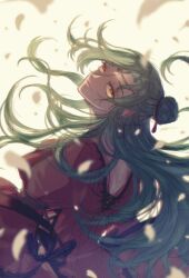  1girl commentary_request dress elincia_ridell_crimea fire_emblem fire_emblem:_path_of_radiance from_behind green_hair hair_bun highres lips long_hair looking_at_viewer looking_back parted_lips single_hair_bun solo wtnbear 