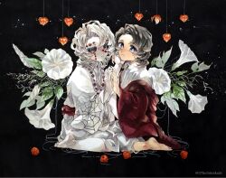  2boys barefoot bishounen black_background black_hair black_nails blue_eyes bright_pupils closed_mouth colored_sclera commentary_request curtained_hair demon_boy dual_persona facial_mark flipped_hair flower flower_request from_side fruit_request full_body grey_eyes hair_between_eyes hand_on_another's_cheek hand_on_another's_face hands_up highres holding_hands interlocked_fingers inward_flipped_hair japanese_clothes kimetsu_no_yaiba kimono kneeling looking_at_viewer male_focus marker_(medium) medium_hair multiple_boys pale_skin parted_lips print_kimono red_kimono red_sash red_sclera ruchi_(nxje5533) rui_(kimetsu_no_yaiba) sash spider_web_print string symbol-shaped_pupils symmetrical_pose traditional_media twitter_username white_flower white_hair white_kimono white_pupils 