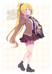  1girl bag black_socks blonde_hair blush border brown_jacket brown_shoes charm_(object) closed_mouth collared_shirt commentary_request dot_nose double-parted_bangs earphones full_body hair_between_eyes highres jacket long_hair long_sleeves looking_at_viewer magia_record:_mahou_shoujo_madoka_magica_gaiden mahou_shoujo_madoka_magica miniskirt necktie open_clothes open_jacket outside_border plaid_clothes plaid_necktie plaid_skirt ponytail red_eyes red_necktie red_skirt school_bag serizawa_serizane shirt shoes skirt socks solo standing togame_momoko watermark white_border white_shirt yellow_background 