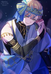  1boy artist_name belt black_boots black_shirt blonde_hair blue_belt blue_eyes blue_hair boots bridal_gauntlets colored_tips commentary_request gold_trim gradient_eyes hairband hibachi_mana highres hugging_own_legs male_focus multicolored_eyes multicolored_hair nijisanji pants shirt sleeveless sleeveless_shirt solo sparkle tuze111 twitter_username undershirt upper_body virtual_youtuber white_pants white_shirt yellow_eyes 