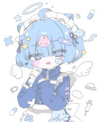  1girl @_@ ahoge angel apron bandaid bandaid_hair_ornament bandaid_on_cheek bandaid_on_face battery_indicator blue_eyes blue_hair blue_jacket blush_stickers commentary_request detached_wings hair_ornament halo hands_on_own_chest highres izumi_(yura_izumi) jacket long_sleeves maid maid_headdress mini_wings octopus_hair_ornament open_mouth original pill rabbit_hair_ornament short_hair simple_background solo star_(symbol) star_hair_ornament syringe tears too_many_hair_ornaments track_jacket ufo unconventional_maid upper_body white_apron white_background white_wings wings x_(symbol) 