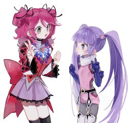  2girls absurdres back_bow black_ribbon black_thighhighs blue_gloves blunt_bangs bodysuit bow brooch brown_eyes cheria_barnes commentary_request cross-laced_clothes cross-laced_sleeves elbow_gloves gloves grey_bodysuit hair_ribbon highres jewelry lace-trimmed_skirt lace-trimmed_sleeves lace_trim long_hair long_sleeves looking_at_another multiple_girls nancykittyu open_mouth pink_hair pleated_skirt puffy_sleeves purple_hair purple_skirt red_bow ribbon short_hair simple_background skirt smile sophie_(tales) tales_of_(series) tales_of_graces thigh-highs twintails two_side_up v very_long_hair violet_eyes white_background wide_sleeves zettai_ryouiki 