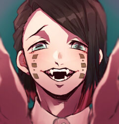  1boy aqua_background aqua_eyes asymmetrical_bangs black_hair blurry blush buttons colored_tips commentary_request demon_boy depth_of_field enmu_(kimetsu_no_yaiba) facial_mark fangs foreshortening kimetsu_no_yaiba long_sleeves looking_at_viewer male_focus medium_hair multicolored_hair open_mouth outstretched_arms portrait raised_eyebrows reaching reaching_towards_viewer shirt smile solo straight-on symbol-shaped_pupils tareme tears_facial_mark trap white_shirt wolf_(user_saxe5825) 