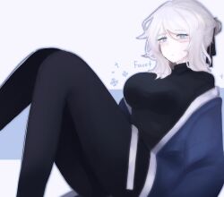  1girl :| absurdres alternate_costume black_pants black_pantyhose black_ribbon black_shirt blade_lineage_(identity)_(project_moon) blue_eyes blush_stickers breasts character_name closed_mouth commentary english_commentary faust_(project_moon) fufiich hair_bun hair_ornament hair_ribbon highres japanese_clothes kimono limbus_company looking_at_viewer medium_breasts medium_hair open_clothes open_kimono pants pantyhose project_moon ribbon scar scar_across_eye scar_on_face shirt simple_background sitting turtleneck turtleneck_shirt undershirt white_hair 