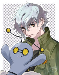  1boy absurdres antennae commentary_request fate/grand_order fate_(series) gimmighoul grey_hair high_collar highres kadoc_zemlupus kteinnagxff4jfw pokemon pokemon_(creature) polka_dot polka_dot_background short_hair sweatdrop upper_body watermark yellow_eyes 