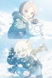  1boy 1girl animal_ears awsj7858 black_mittens cat_boy cat_ears checkered_clothes checkered_scarf coat commentary_request gloves heixiu highres looking_at_viewer luo_xiaobai luo_xiaohei luo_xiaohei_(human) mittens one_eye_closed open_mouth outdoors pink_hair ponytail scarf short_ponytail smile snow snowball snowman squatting the_legend_of_luo_xiaohei white_gloves white_hair winter winter_clothes winter_coat 