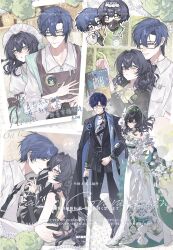  1boy 1girl absurdres animal apron aqua_dress aqua_flower aqua_rose back_bow badge bag baguette bare_shoulders belt belt_buckle black-framed_eyewear black_arm_warmers black_belt black_cat black_coat black_dress black_hair black_jacket black_necktie black_pants black_shoes black_suit blue_eyes blue_flower blue_gem blue_hair blue_scarf book bouquet boutonniere bow bowtie braid bread breast_pocket brown_apron brown_bow buckle button_badge cat chibi chibi_inset clarence_clayden clarence_clayden_(bejeweled_heart) closed_mouth coat coat_on_shoulders collared_shirt commission commissioner_insert couple crossed_bangs cuff_links curtained_hair detached_sleeves dress dress_flower dress_pants earrings elbow_gloves empire_waist eye_contact eyewear_strap face-to-face finger_cots floral_print flower food frilled_sleeves frills frying_pan full_body gem glasses gloves gown green_eyes green_flower green_rose green_shawl green_skirt grid_background grocery_bag hair_between_eyes hair_intakes hand_up hetero highres holding holding_animal holding_bag holding_book holding_bouquet holding_cat holding_frying_pan hug hug_from_behind index_finger_raised jacket jewelry kokoshnik lapel_pin lapels leaf_print leaning_on_person locked_arms long_dress long_hair long_sleeves looking_at_another looking_back lovebrush_chronicles maid_headdress medium_hair mihuashi_commission mole mole_under_eye mole_under_mouth multiple_views necktie oc_x_canon open_book original pants parted_lips peaked_lapels pearl_(gemstone) pearl_choker photo_(object) pinafore_dress plastic_bag pocket print_dress print_shawl print_shirt profile puffy_short_sleeves puffy_sleeves reading rose san_che scarf semi-rimless_eyewear shawl shirt shoes shopping_bag short_hair short_sleeves side_braid skirt sleeve_bow sleeveless sleeveless_dress smile standing stole strapless strapless_dress suit suit_jacket triangle_mouth turtleneck turtleneck_shirt two-sided_coat two-sided_fabric under-rim_eyewear upper_body wavy_hair white_background white_dress white_flower white_gloves white_rose white_shirt window yellow_bow yellow_bowtie zzz 