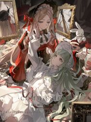  2girls artist_request bang_dream! bang_dream!_it's_mygo!!!!! black_ribbon black_skirt blue_eyes bonnet broken_mirror brooch brown_hair capelet chinese_commentary closed_mouth commentary_request commission dress flower green_hair hand_on_another's_face highres holding_another's_hair indoors jewelry juliet_sleeves lolita_fashion long_hair long_sleeves looking_at_another looking_down looking_up lying mirror multiple_girls nagasaki_soyo neck_ribbon on_back puffy_sleeves red_flower red_ribbon red_rose red_shirt ribbon rose second-party_source shirt sidelocks sitting skirt swept_bangs wakaba_mutsumi white_bonnet white_capelet white_dress yellow_eyes yuri 