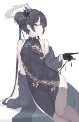  1girl arm_support black_dress black_gloves black_hair black_thighhighs blue_archive blue_trim braid braided_bun breasts butterfly_hair_ornament china_dress chinese_clothes closed_mouth coat commentary double_bun dragon_print dress facing_to_the_side gloves grey_eyes grey_halo hair_bun hair_ornament halo highres jacket kisaki_(blue_archive) long_hair looking_at_viewer open_clothes open_jacket pelvic_curtain pinstripe_jacket pinstripe_pattern print_dress sidelocks sideways_glance simple_background sleeveless sleeveless_dress small_breasts solo striped_clothes striped_coat striped_jacket thigh-highs tojo_aoi twintails vertical-striped_clothes vertical-striped_coat vertical-striped_jacket white_background 