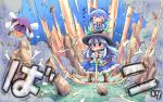  chibi cirno eyes food frog fruit ham_(points) hat hinanawi_tenshi long_hair moriya_suwako peach peaches ribbon ribbons short_hair sword sword_of_hisou touhou weapon wings 