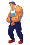  advance_wars advance_wars:_dual_strike belt black_eyes blue_hair boots frown highres hirata_ryou male max max_(advance_wars) military military_uniform muscle nintendo official_art profile short_hair simple_background solo standing tank_top uniform wristband 