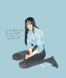  1girl black_hair black_pantyhose black_skirt character_request check_character collared_shirt full_body hands_on_lap highres jung_heewon kdj143637 long_hair looking_to_the_side nervous_smile omniscient_reader's_viewpoint on_ground pantyhose shirt sitting skirt sleeves_rolled_up slippers smile solo straight_hair sweatdrop wariza wet wet_hair white_shirt 