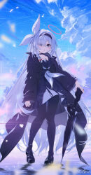  1girl absurdres baisi_shaonian black_choker black_coat black_hairband black_pantyhose black_sailor_collar black_serafuku black_shirt black_shoes black_skirt black_umbrella blue_archive blue_sky choker coat commentary grey_eyes grey_hair hair_over_one_eye hair_ribbon hairband halo highres holding holding_umbrella long_hair looking_at_viewer neckerchief open_clothes open_coat pantyhose plana_(blue_archive) red_halo ribbon sailor_collar school_uniform serafuku shirt shoes skirt sky solo standing standing_on_liquid umbrella very_long_hair white_neckerchief white_ribbon 