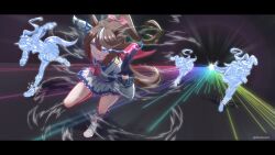  4girls absurdres animal_ears ascot asymmetrical_gloves black_gloves blue_eyes boots brown_hair cape clenched_teeth commentary english_commentary epaulettes eye_trail gloves hair_between_eyes high_ponytail highres horse_ears horse_girl horse_tail jacket light_trail long_hair long_sleeves mismatched_gloves multicolored_hair multicolored_jacket multiple_girls open_mouth pink_ascot pink_cape ponytail red_cape running sharkudon single_epaulette skirt streaked_hair sweat tail teeth tokai_teio_(peak_joy)_(umamusume) tokai_teio_(umamusume) two-tone_hair two-tone_jacket two-tone_skirt umamusume white_gloves white_hair white_jacket white_skirt 