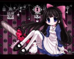  1girl 2000s_(style) aguchi animal apron aya_drevis birdcage black_hair black_shoes blue_dress blue_eyes bow buttons cage chainsaw character_name closed_mouth collarbone collared_dress commentary dress english_commentary hair_bow heart holding holding_chainsaw key lock long_hair looking_at_viewer mad_father patterned_background rabbit red_bow shoes small_sweatdrop thigh-highs white_apron white_thighhighs 