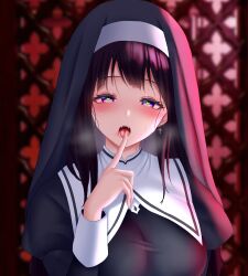  black_hair blush breasts breath chitanda_eru commentary_request confessional finger_to_mouth half-closed_eyes heart heart-shaped_pupils highres hyouka indoors large_breasts long_hair looking_at_viewer nun nun_headdress solo sweat symbol-shaped_pupils urarasy violet_eyes 