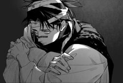  1boy bandaged_head bandages choso_(jujutsu_kaisen) closed_mouth fingernails greyscale hugging_own_legs jujutsu_kaisen knees_to_chest knees_up looking_at_viewer loose_bandages male_focus monochrome robe short_hair short_twintails sideways_glance sitting solo twintails yunkai 