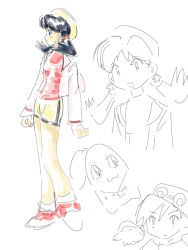  1girl 2boys backwards_hat baseball_cap bike_shorts blue_eyes blue_hair chikorita earrings ethan_(pokemon) fufu8484 hat highres jacket jewelry kris_(pokemon) long_hair long_sleeves multiple_boys multiple_views necklace open_mouth pokemon pokemon_(creature) pokemon_adventures red_shirt shirt shorts simple_background sketch_inset smile standing star_(symbol) star_earrings star_necklace twintails white_background yellow_hat yellow_shorts 