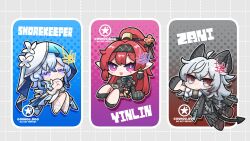  3girls ahoge artist_logo black_hairband black_horns black_jacket blue_hair blue_veil character_name chibi chibi_only colored_eyelashes commentary curled_horns dog-san earrings grey_eyes hair_ornament hair_stick hairband high_ponytail highres horns jacket jewelry logo long_hair looking_at_viewer multiple_girls open_mouth pointy_ears ponytail red_hair shorekeeper_(wuthering_waves) sidelocks smile symbol-only_commentary two-tone_veil veil violet_eyes white_veil wuthering_waves yinlin_(wuthering_waves) zani_(wuthering_waves) 