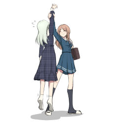  2girls anglediana bang_dream! bang_dream!_it's_mygo!!!!! black_socks blue_dress blue_shirt blue_skirt blush brown_hair chinese_commentary closed_eyes closed_mouth commentary_request dress green_hair highres kneehighs lifting_person long_hair multicolored_hair multiple_girls nagasaki_soyo no_shoes plaid_clothes plaid_dress pleated_skirt revision roots_(hair) school_uniform shirt simple_background skirt slippers socks tsukinomori_school_uniform unmoving_pattern wakaba_mutsumi white_background white_socks 
