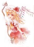  1girl bad_id blonde_hair blush dress fang flandre_scarlet hat laevatein nunucco open_mouth red_dress red_eyes side_ponytail sketch smile solo the_embodiment_of_scarlet_devil touhou wings 
