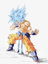  abs battle_damage blue_boots blue_eyes blue_hair boots dragon_ball dragon_ball_super dragon_ball_z full_body highres male_focus medium_hair muscular muscular_male orange_pants pants pato007711 simple_background son_goku spiky_hair standing super_saiyan super_saiyan_blue topless_male white_background 