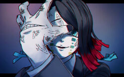  1boy asymmetrical_bangs black_hair black_jacket black_nails blue_eyes buttons chromatic_aberration colored_tips demon_boy dousiyo enmu_(kimetsu_no_yaiba) evil_smile facial_mark fangs finger_tattoo foreshortening grin hand_focus hand_up incoming_attack jacket kanji_tattoo kimetsu_no_yaiba letterboxed long_sleeves looking_at_viewer male_focus medium_hair misplaced_mouth multicolored_hair outline outside_border parted_lips portrait shadow smile solo sound_effects suit_jacket symbol-shaped_pupils tattoo tears_facial_mark teeth trap undershirt veins veiny_face veiny_hands white_outline 