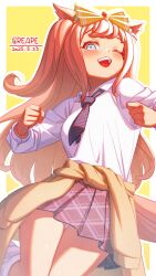  1girl agnes_digital_(umamusume) animal_ears blue_eyes blush bow breasts brown_cardigan cardigan cardigan_around_waist clothes_around_waist collared_shirt commentary_request creape hair_bow highres horse_ears horse_girl horse_tail long_hair long_sleeves looking_at_viewer one_eye_closed open_mouth pink_hair pleated_skirt school_uniform shirt skirt smile socks solo tail teeth umamusume upper_teeth_only white_shirt white_socks yellow_bow 