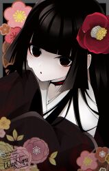  1girl absurdres black_eyes black_hair black_kimono blunt_bangs blush breasts choker commentary_request eyeliner fate/grand_order fate_(series) flower hair_flower hair_ornament highres japanese_clothes kimono komahime_(fate) layered_kimono long_hair long_sleeves looking_at_viewer makeup obi open_mouth sash small_breasts very_long_hair wagu_neru white_kimono wide_sleeves 