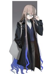 1boy adjusting_eyewear bag belt black_coat blue_hair blue_sweater brown_belt coat cropped_legs expressionless fate/grand_order fate_(series) goose_s_letter gradient_hair green_eyes grey_bag grey_hair grey_pants hand_in_pocket handbag lapels long_hair long_sleeves looking_at_viewer male_focus multicolored_hair noah_(fate) noah_(second_ascension)_(fate/grand_order) outside_border pants solo sweater very_long_hair 