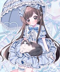  1girl absurdly_long_hair accurate_lolita_coord animal animal_on_lap blue_dress blue_eyes blue_ribbon blue_umbrella blush bow brown_cat brown_eyes brown_hair cat classic_lolita commentary commission dress fluffy frilled_dress frilled_wrist_cuffs frills hair_bow hashtag-only_commentary heart highres lace-trimmed_bow lace_trim legwear_garter lolita_fashion long_hair looking_at_viewer on_lap original puffy_short_sleeves puffy_sleeves ragdoll_(cat) ribbon short_sleeves skeb_commission solo sweet_lolita umbrella very_long_hair watermark wrist_cuffs yuni_(s_ribbon) zoom_layer 