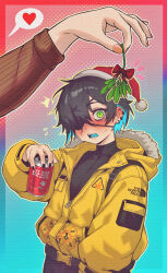  arknights asbestos_(arknights) biohazard_symbol black_hair blue_hair blush border caffichai can commentary drink drink_can english_commentary fur_trim green_eyes hair_over_one_eye hat heart highres holding holding_drink holding_mistletoe jacket long_sleeves looking_at_viewer mistletoe one_eye_covered open_mouth outline pom_pom_(clothes) red_hat santa_claus santa_hat sharp_teeth solo_focus speech_bubble spoken_heart teeth the_north_face upper_body white_outline yellow_jacket yellow_outline zipper_pull_tab 