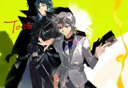  2boys 99ki5 black_pants black_shirt blazer blue_eyes card coat commentary confetti cowboy_shot dress_shirt drop_shadow edo_phoenix facing_to_the_side gift_art green_background green_hair grey_hair hand_in_pocket high_contrast highres holding holding_card jacket light_smile looking_ahead male_focus marufuji_ryo multiple_boys necktie outstretched_arm pants parted_bangs popped_collar shirt side-by-side suit toned toned_male trench_coat two-tone_background white_coat white_necktie white_pants yu-gi-oh! yu-gi-oh!_gx 