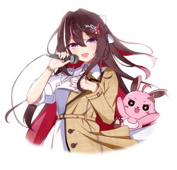  1girl :d azki_(4th_costume)_(hololive) azki_(hololive) bow bracelet braid brown_coat brown_hair clothing_request coat colored_inner_hair commentary_request earl_grey_2222 fingernails floating_hair hair_between_eyes hair_bow hair_ornament half-coat half_up_half_down_braid hand_on_own_chest hands_up highres holding holding_microphone hololive jewelry light_blush long_hair long_sleeves looking_at_viewer microphone multicolored_hair open_mouth pink_hair pink_nails pioneer_(azki) red_hair round_image short_sleeves smile solo_focus streaked_hair upper_body violet_eyes white_background 