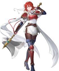  1girl arm_guards armor axe belt black_pantyhose blue_boots boots breastplate breasts brown_belt brown_gloves closed_mouth dress fingerless_gloves fire_emblem fire_emblem:_mystery_of_the_emblem fire_emblem:_shadow_dragon fire_emblem_heroes full_body gloves gold_trim greaves headband high_heel_boots high_heels highres holding holding_axe holding_behind_back holding_weapon holding_weapon_behind_back looking_at_viewer minerva_(above_the_stars)_(fire_emblem) minerva_(fire_emblem) multiple_belts non-web_source official_alternate_costume official_art pantyhose pauldrons red_armor red_eyes red_hair riz3 shin_guards short_dress short_hair short_sleeves shoulder_armor simple_background solo tachi-e thigh_boots weapon white_dress white_headband 