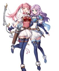 2girls armor arrow_(projectile) belt black_thighhighs blue_boots blue_cape blue_gloves blue_thighhighs blush boots bow_(weapon) breastplate breasts brown_belt cape circlet closed_mouth dagger dress elbow_gloves fingerless_gloves fire_emblem fire_emblem:_the_blazing_blade fire_emblem:_three_houses fire_emblem_heroes florina_(fire_emblem) florina_(skyward_wings)_(fire_emblem) gloves gomashio_ponz green_eyes hairband headband highres hilda_valentine_goneril hilda_valentine_goneril_(skyward_wings) holding holding_bow_(weapon) holding_weapon knife long_hair looking_at_viewer multiple_girls non-web_source official_alternate_costume official_art open_mouth pink_dress pink_eyes pink_hair purple_hair quiver sheath sheathed short_sleeves shoulder_armor simple_background smile tachi-e thigh-highs thigh_boots twintails weapon white_background white_cape white_dress white_hairband white_headband 