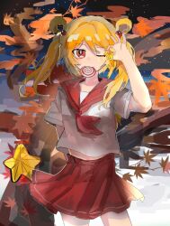  :3 blonde_hair candy cowboy_shot epic_battle_fantasy food hair_rings hcl_(artist) highres hikari_(epic_battle_fantasy) holding holding_star leaf lollipop lollipop_in_mouth maple_leaf maple_tree mouth_hold one_eye_closed red_eyes red_sailor_collar red_skirt sailor_collar school_uniform serafuku shirt skirt sky smile solo standing star_(sky) star_(symbol) starry_sky tree twintails white_shirt 